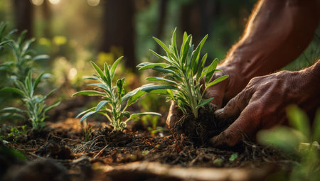 A close-up image showcases a person's hands carefully planting small green seedlings into the earth. The scene is bathed in warm, soft sunlight, suggesting an outdoor environment. The composition highlights the texture of the soil and the delicate leaves of the plants, ideal for environmental or agricultural themes.の素材