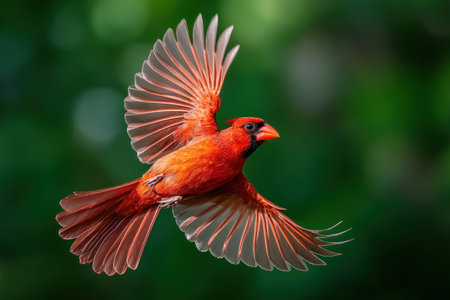 A vibrant red cardinal is captured mid-flight with wings fully extended. The bird showcases textured feathers and a contrasting black face and beak. The composition features a shallow depth of field with a blurred green backdrop suggesting a natural outdoor environment. This image is suitable for editorial and commercial purposes.の素材