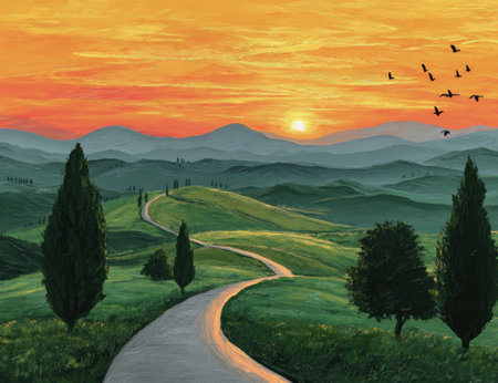 A landscape painting depicts a winding road traversing rolling green hills towards a distant mountain range. The warm color palette of orange and yellow reflects the setting sun. A flock of birds flies across the sky. This image has potential use for various editorial and commercial purposes.の素材