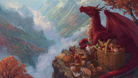 A majestic red dragon is positioned on a rocky outcrop, gazing across a vast mountain range. The artwork features a warm color palette with autumnal tones. A picnic basket and various food items are near the dragon. This illustration may be suitable for fantasy-themed projects or digital media.の素材