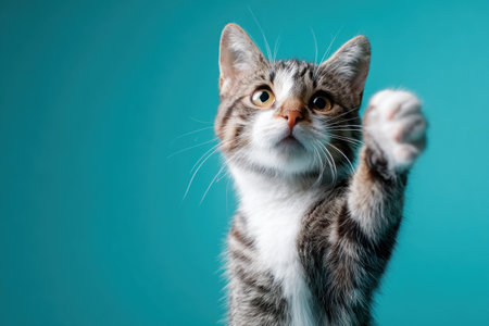 A young tabby cat is featured against a vibrant turquoise background. The cat is raising one paw, capturing attention. Its fur displays brown and white patterns. The composition uses a medium shot with bright, soft lighting. This image is suitable for various commercial projects, offering a friendly and inviting aesthetic.の素材