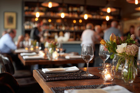A restaurant interior features tables set for service, with a shallow depth of field highlighting the foreground. Wine glasses and floral arrangements adorn the tables. The warm lighting from overhead fixtures casts a soft glow, suggesting an evening setting. The composition might be suitable for lifestyle and food-related content.の素材