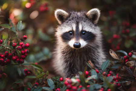 A raccoon is featured in this photograph, surrounded by red berries and green foliage. The image showcases the animal in soft focus, illuminated by natural light. The composition is balanced, with a shallow depth of field. Suitable for various editorial and commercial applications, it evokes a sense of natural beauty.の素材