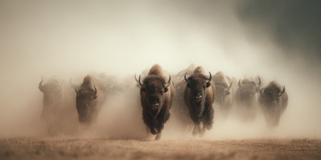 A herd of bison runs across a dry, dusty plain. The composition features a low angle and motion blur effect, creating a sense of energy. Colors are muted, with a warm, brownish palette. The scene suggests a vast, natural environment. Suitable for use in editorial content and various commercial applications.の素材