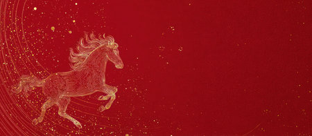 A stylized horse silhouette leaps across a vibrant red background. The image features a glowing, translucent effect, with scattered particles adding visual interest. The composition emphasizes movement and energy. Suitable for various commercial applications, including advertising, web design, and decorative purposes.の素材