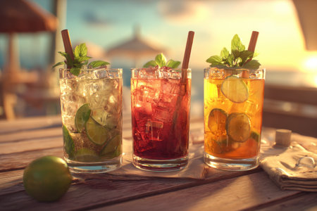 Three colorful cocktails are presented in glasses on a wooden table. Ice and citrus fruit are visible within the drinks. Daylight illuminates the scene. It could be used for advertising or editorial purposes related to beverages or lifestyle.の素材