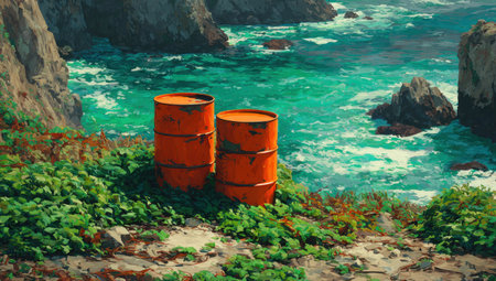 Two weathered, orange barrels sit atop a cliff overlooking a vibrant turquoise ocean. Lush green foliage surrounds the barrels, contrasting with the rugged rock formations. The scene evokes a sense of environmental concern against a backdrop of natural beauty. This image could be used for editorial content or commercial projects.の素材