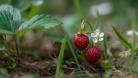 Two red strawberries and a white flower are the main subjects of this image. The close-up showcases the fruits in a natural outdoor setting with lush green foliage. The composition is likely lit by soft daylight, emphasizing textures and colors. It can be used for various purposes, from illustrating food concepts to nature themes.の素材