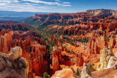 An expansive vista unveils a canyon's layered rock formations, bathed in daylight. The image captures a complex texture of orange, red, and brown hues, contrasting with areas of green vegetation. This aerial perspective suggests outdoor settings and would be fitting for travel, environmental, or artistic applications.の素材