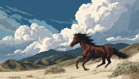 A brown horse gallops across sandy terrain under a vibrant blue sky filled with fluffy white clouds. The digital illustration utilizes a painterly style, with soft textures and dynamic composition. The scene suggests an outdoor environment, with potential uses for editorial or artistic projects.の素材