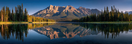 A panoramic view showcases a mountain range and a serene lake reflecting the peaks and surrounding trees. The image presents a clear, blue sky with the scene illuminated by natural lighting. The visual characteristics include rich colors, textures, and a symmetrical composition. This image could be used for various commercial and editorial purposes, conveying tranquility and natural beauty.の素材