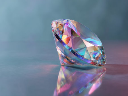 A large diamond, displaying numerous colorful facets, is placed on a reflective surface. The gemstone exhibits a range of spectral colors, from blues and greens to oranges and reds. The image utilizes soft lighting to showcase the gem's clarity and brilliance, with a smooth backdrop. This could be used in jewelry advertisements or design projects.の素材
