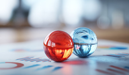 Two reflective spheres, one red and one blue, rest on a chart. The image displays a macro perspective, highlighting smooth surfaces and vibrant colors. The composition focuses on detailed textures and soft lighting, suitable for business or data-related visuals. The image is appropriate for a variety of commercial and editorial uses.の素材