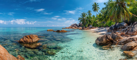 A panoramic view captures a pristine beach with clear turquoise water meeting a sandy shore. Palm trees dot the landscape under a bright blue sky. The scene highlights natural elements, suitable for various commercial applications, including travel-related content or environmental themes.の素材