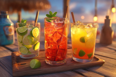 Three vibrant cocktails are presented on a wooden tray, each featuring different colors and garnishes. Clear glasses showcase various ingredients. The composition suggests a summer evening with warm lighting. This image may be suitable for promotional materials, culinary articles, or beverage-related advertising.の素材