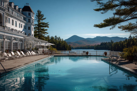 A picturesque outdoor scene features a large swimming pool in front of a grand hotel. Clear water reflects the sky, with trees and a mountain range in the background. Natural light illuminates the environment, suggesting a day scene. Suitable for travel or leisure-related commercial projects.の素材
