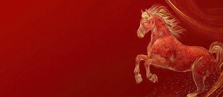 A powerful red horse is depicted rearing on its hind legs against a striking red backdrop. The artwork showcases a detailed illustration style with fiery tones and dynamic composition. This image could be utilized for various purposes, encompassing design projects, marketing materials, and artistic representations.の素材