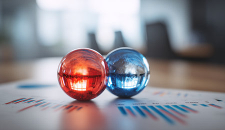 Two reflective spheres, one red and one blue, rest on a document with charts and graphs. The spheres display a glossy texture, reflecting ambient light and surrounding details. The composition, employing shallow depth of field, suggests an indoor setting. Suitable for visuals related to business, data analysis, or design.の素材
