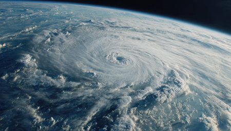 This image presents a large hurricane as seen from space. The atmospheric storm exhibits swirling cloud formations and a central eye. Dominant colors include blue, white, and grey, with textures suggesting swirling winds and turbulent conditions. This image is suitable for editorial use related to meteorology or environmental science.の素材