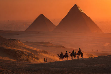 This image features the silhouettes of pyramids and camels against a warm, orange sky. The composition includes multiple figures, suggesting travel. The lighting creates a strong contrast between the foreground and the background, and the overall style evokes a sense of history and adventure. It can be used for various editorial and commercial projects.の素材