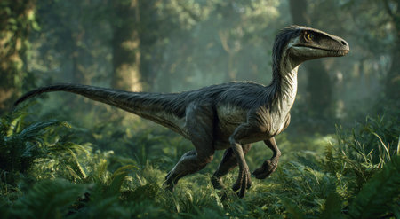 A detailed computer-generated image showcases a raptor in a lush forest setting. The image uses strong lighting and a shallow depth of field to highlight the subject. The creature is presented with realistic textures. This visual could be used for educational resources, digital art, or cinematic concepts.の素材
