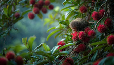 Vibrant red rambutans are clustered amidst verdant foliage in this image. The soft focus background suggests a natural setting, with sunlight gently illuminating the scene. This photograph may be suitable for various commercial applications, including editorial content, and illustrative purposes.の素材
