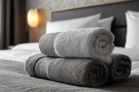 Three rolled towels are stacked on a neatly made bed. The textures are soft and inviting, in shades of white and gray. The composition is close-up, highlighting the details. The scene suggests a comfortable indoor setting, suitable for hospitality projects or related commercial applications.の素材