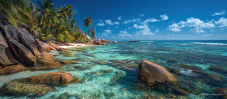 A beautiful coastal scene depicts clear turquoise water meeting a rocky shoreline. Palm trees and vegetation frame the composition under a bright blue sky with scattered clouds. The natural light and composition make it suitable for travel, tourism, and environmental-themed projects.の素材
