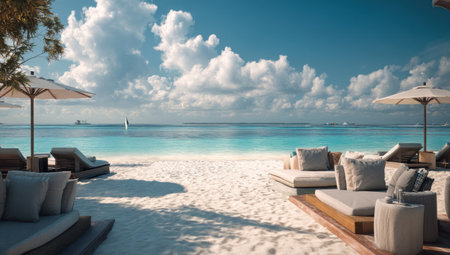 A tranquil beach scene showcases lounge chairs and parasols set on white sand. Turquoise water merges with a blue sky filled with puffy clouds. The image presents a bright, airy composition, suggesting a vacation or resort setting. Suitable for commercial use in travel, leisure, or lifestyle contexts.の素材
