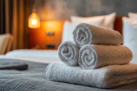A stack of neatly rolled white towels rests on a hotel bed, the primary focus. The composition utilizes selective focus to highlight the texture and shape of the linens. The background features a warm, inviting ambiance with soft lighting, suggesting a relaxing environment suitable for hospitality and related commercial applications.の素材