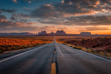 An asphalt road extends into a desert landscape featuring a mountain range under a vibrant sunset sky. The composition displays a central perspective with warm color gradients and a high dynamic range. This image could be used for travel, landscape, or adventure themed content.の素材