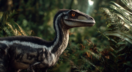 A detailed illustration portrays a dinosaur amidst dense foliage. The image showcases a creature with textured skin and striking eye detail, set against a backdrop of various shades of green. The composition emphasizes the dinosaur's form, suggesting a possible setting for science fiction, educational, or fantasy-related applications.の素材