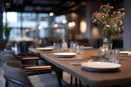 An indoor restaurant scene features wooden tables set for dining. Empty white plates and glasses are arranged on the tables. A vase of flowers adds a decorative element. The soft lighting suggests a welcoming atmosphere. This image is suitable for use in various commercial and editorial applications.の素材