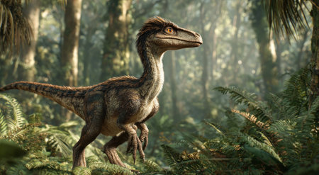 A detailed illustration portrays a dinosaur in a dense, vibrant forest setting. The image highlights the creature's texture and form with varying light and shadow effects. The composition evokes a natural habitat, possibly for use in educational materials or visual media projects.の素材