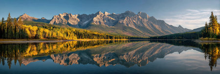 A serene vista features a tranquil lake mirroring the colors of a surrounding landscape. Majestic mountains rise in the background, with dense forests lining the water's edge. The scene is bathed in warm sunlight, suggesting a daytime setting suitable for various commercial and illustrative purposes.の素材