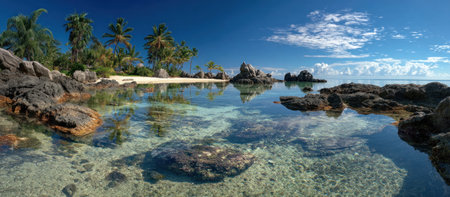 A serene coastal scene showcases clear water reflecting a bright blue sky with wispy clouds. The composition includes rocky formations, sand, and lush green vegetation. The image presents a natural environment with soft lighting and potential use in travel, tourism, or environmental concepts.の素材