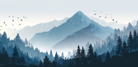 A digital illustration depicts a layered mountainous landscape. The color palette primarily features shades of blue and gray, with a soft, hazy effect suggesting distance. Silhouetted birds traverse the sky, enhancing the sense of vastness. This artwork may be suitable for editorial use and various design projects.の素材