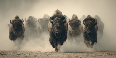 A herd of bison runs across a dry, dusty landscape in a dynamic composition. Their dark, shaggy forms contrast with the light-colored dust they kick up. The image captures movement and power under a diffused, overhead light. Suitable for illustrating wildlife, conservation, or natural history themes.の素材