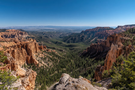 This image presents a vast canyon vista under a clear blue sky, showcasing rugged rock formations and vibrant green vegetation. The composition emphasizes depth and scale, with warm sunlight illuminating the textures. This photograph could be used in travel publications, environmental articles, or for general landscape illustration.の素材