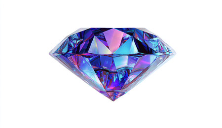 A highly detailed illustration depicts a faceted gemstone. The gem showcases a complex array of internal refractions and plays of light. Its surface reflects a spectrum of colors, primarily blues and purples. This image is suitable for various applications, including design and advertising.の素材