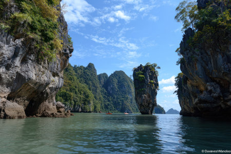 The image showcases a coastal vista featuring towering rock formations, lush greenery, and calm water reflecting a bright blue sky. The scene is marked by natural light, suggesting a daytime setting. This image could be used for travel articles, environmental projects, or as decorative elements in a variety of commercial projects.の素材