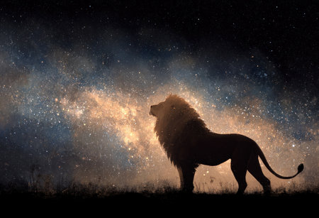 A silhouette of a lion stands prominently against a vibrant, luminous galaxy backdrop. The image features a contrasting interplay of light and shadow, highlighting the lion's form. The scene evokes a sense of awe and wonder, suitable for editorial content or creative design projects exploring nature.の素材