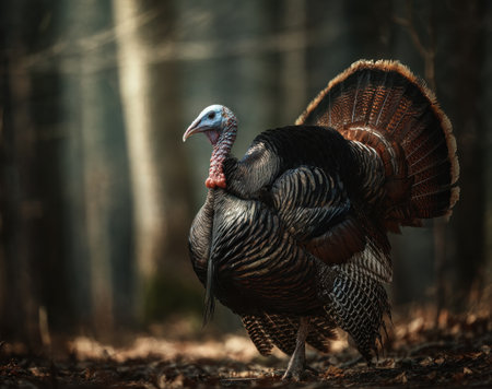 A striking wild turkey stands prominently, its plumage displayed amidst a forest environment. The image showcases detailed textures and rich colors, including brown and black. The composition, with blurred background elements, highlights the subject. Potential uses include illustrations for nature-themed projects, educational resources, or general visual content.の素材