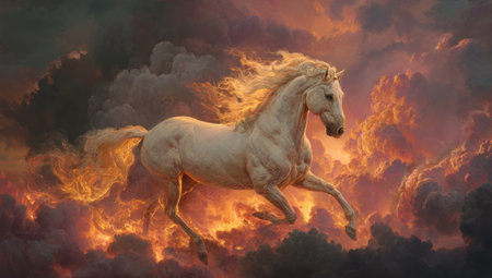 A white horse is depicted running through a dramatic, fiery sky. The image showcases the animal's movement with a flowing mane and tail. The composition utilizes warm colors and dramatic lighting, possibly suggesting a fantasy or conceptual setting. Suitable for various creative projects and visual content.の素材
