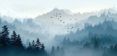 An atmospheric image displays a mountain landscape shrouded in mist. Silhouetted birds fly above layered trees. The scene features various shades of blue and gray, with soft lighting. This artistic rendering could be used for illustrative purposes, background designs, or to evoke a sense of calm and natural beauty.の素材