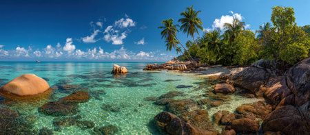 A wide coastal landscape presents a vibrant scene featuring clear turquoise water, scattered rocks, and a sandy beach. Palm trees and lush greenery line the shore under a bright blue sky with scattered clouds. This imagery is suitable for travel and tourism content, also for background usage.の素材