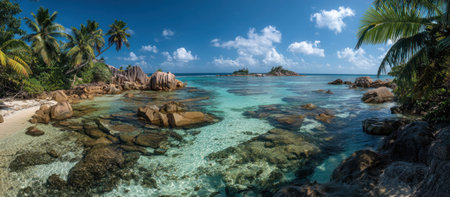 A vibrant coastal scene displays clear turquoise water and a rocky shoreline under a bright blue sky dotted with clouds. The composition features palm trees and other vegetation on the edge, creating a natural frame. This image could be used for travel, tourism, or environmental content.の素材