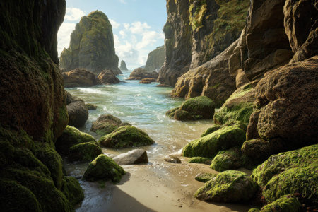 A coastal scene showcases rugged cliffs bordering the ocean under a bright, sunny sky. The image highlights textured rock formations, the water's gentle movement, and a light, airy atmosphere. This imagery could be useful for travel editorials, environmental features, and landscape designs to illustrate natural beauty.の素材