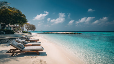 A beachfront scene showcases lounge chairs resting on a sandy shore. The composition reveals turquoise water merging with a blue sky dotted with clouds. Trees line the edge near white buildings. This tranquil environment could be utilized for travel, relaxation, or vacation-themed projects.の素材