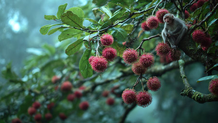 A monkey is perched among branches laden with rambutan fruit, displaying vivid red and green hues. The composition features an overhead shot in a natural setting, with lush foliage and a background. This image is suitable for projects focused on nature, wildlife, or illustrating exotic fruit, and could be used in educational and commercial contexts.の素材